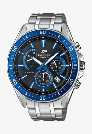 Silver stainless steel watch with a black dial, blue accents, chronograph sub-dials, and a blue bezel; water-resistant up to 100 meters.