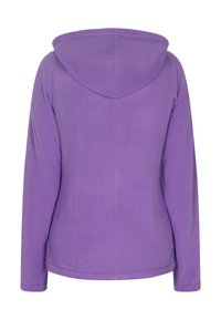 Lila fleece-hoodie med en slät textur, långa ärmar och en huva. Baksidan har inga synliga stängningar eller mönster.