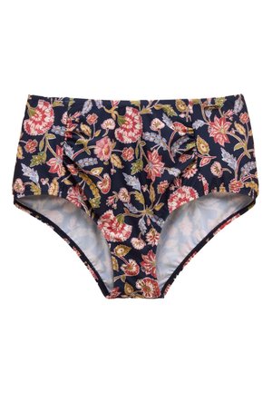 Marineblaue hoch taillierte Bikinihose mit mehrfarbigem Blumenmuster mit roten, pinken, gelben und grünen Blumen und Blättern.