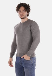 Pullover grigio a maniche lunghe realizzato in tessuto morbido, con scollatura rotonda e polsini a costine, abbinato a jeans in denim blu.