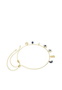 Zlatý náhrdelník s různými přívěsky, včetně květinových, oka, nekonečna a půlměsíce, ozdobený průhlednými a tmavými drahokamy.