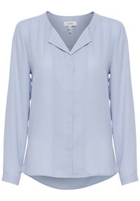Blouse à manches longues bleu clair en tissu lisse, dotée d'un col en V discret, d'une coupe droite et d'un ourlet incurvé.