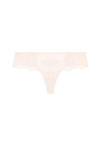 String en dentelle dans un rose pâle. Présente un corps lisse et transparent avec des bords en dentelle décoratifs, créant un design délicat et féminin.
