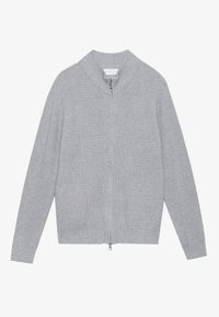 Grå stripete cardigan med glidelås foran, stor krage, lange ermer og innsvingte mansjetter. Laget av mykt strikket materiale.