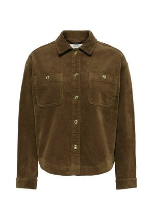 Veste marron en velours côtelé avec boutons, manches longues, deux poches poitrine avec boutons et col classique.
