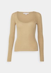 Langärmliger, taillierter Pullover aus lichtgoldenem Strickstoff mit einem runden Ausschnitt und subtilen Glanzeffekten. Er hat eine glatte Textur und keine sichtbaren Verschlüsse.