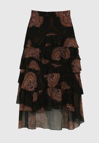 Jupe noire à volants avec des couches froncées, présente un motif floral paisley en orange brûlé et crème. Fabriquée en tissu léger et transparent.