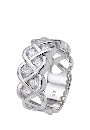 Silberner Ring mit offenem, geflochtenem Design, besetzt mit mehreren runden klaren Edelsteinen rund um das Band, innen mit 925 markiert.