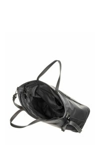 Sac fourre-tout en cuir noir avec deux poignées, fermeture éclair sur le dessus ouverte, intérieur vide montrant la doublure en tissu et une poche intérieure zippée.