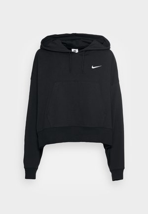 Black cropped hooded sweatshirt made of sweatshirt fabric. Features a front pouch pocket and a white Nike logo on the upper left.