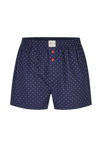 Marineblaue Herrenboxershorts mit weißen Punkten, elastischem Bund und zwei roten Knöpfen am vorderen Verschluss.
