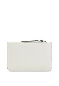 White leather wallet with a textured finish, featuring a zippered compartment at the top and subtle stitching along the edges.