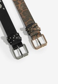 Two belts: a solid black leather belt with silver studs and a brown patterned leather belt with gold details and a layered design.