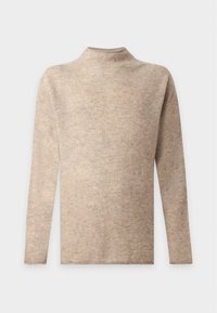 Pull beige à manches longues avec une texture douce et un léger col montant, présenté sur un fond clair uni.