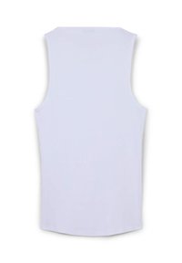 Top senza maniche bianco con texture liscia, lunghezza moderata sul retro e senza motivi o accenti visibili. Design semplice e minimalista.