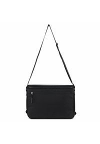 Borsa messaggera nera con design piatto, tracolla regolabile, scomparto principale con zip e tasca esterna. Superficie in tessuto testurizzato.