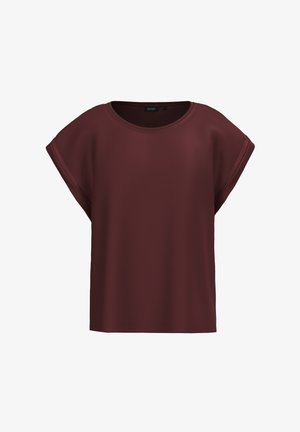 Burgunderfarbenes Kurzarm-Oberteil aus weichem Stoff. Rundhalsausschnitt, lockere Passform und aufgerollte Ärmel. Einfach, in einfarbiger Ausführung ohne Muster oder Verzierungen.
