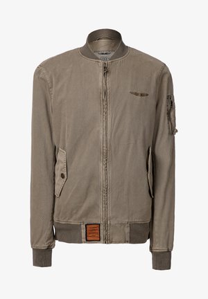 Bomberjack in lichtbruine katoenmix, met ritssluiting, ribgebreide manchetten en zoom, zijzakken en een geborduurd embleem op de borst.