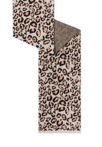 Leopard print scarf featuring a soft fabric, beige and brown colors, and a textured reverse side with a darker pattern.