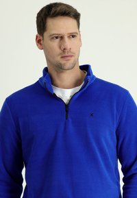 Pullover in pile blu con colletto zip e logo nero. Presenta maniche lunghe e una texture liscia, ideale per essere indossato a strati nelle giornate più fresche.