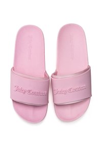 Sandali da mare rosa in gomma con fascia larga che presenta "Juicy Couture" in rilievo con un carattere corsivo. Sottopiede testurizzato per il comfort.