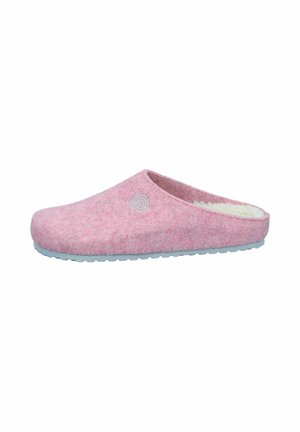 Pink felt clogs with a soft, textured upper and white fluffy lining. Features a light blue rubber sole and a circular logo accent.