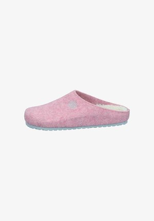 Pink felt clogs with a soft, textured upper and white fluffy lining. Features a light blue rubber sole and a circular logo accent.
