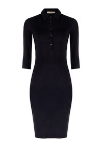 Abito nero al ginocchio con maniche a tre quarti, colletto a punta e cinque bottoni lungo il centro frontale.