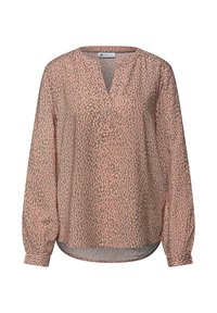 Blouse à manches longues en tissu léger et transparent avec un imprimé léopard rose et gris, dotée d'un col en V et de poignets froncés.