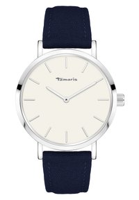 Silberne Uhr mit cremefarbenem Ziffernblatt, minimalistischen Stundenmarkierungen und navyfarbendem Stoffarmband. Markenname "Tamaris" auf dem Ziffernblatt gedruckt.