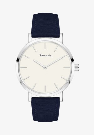 Silberne Uhr mit cremefarbenem Ziffernblatt, minimalistischen Stundenmarkierungen und navyfarbendem Stoffarmband. Markenname "Tamaris" auf dem Ziffernblatt gedruckt.