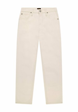 Vaqueros de pierna recta color blanco roto con cinco bolsillos, trabillas para cinturón y cierre frontal con botón y cremallera.