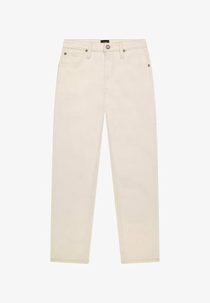 Vaqueros de pierna recta color blanco roto con cinco bolsillos, trabillas para cinturón y cierre frontal con botón y cremallera.