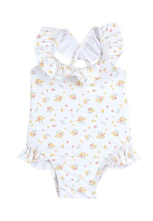 Kwiatowy jednoczęściowy kostium kąpielowy w białym kolorze, z falbankowym kołnierzykiem i bocznymi detalami, z mieszanką żółtych, różowych i zielonych wzorów.