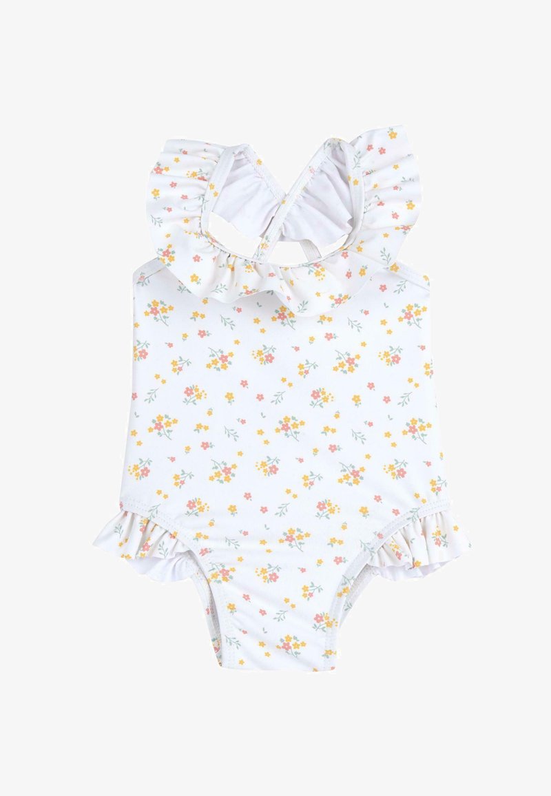 Maillot de bain une pièce floral blanc, doté d'un col à volants et de détails latéraux, avec un mélange de motifs jaunes, roses et verts.