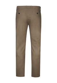 Pantaloni in lino marrone chiaro con una texture liscia, design a gamba dritta, tasche posteriori con bottoni neri e passanti per cintura in vita.