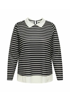 Haut à rayures noires et blanches à manches longues avec un col blanc et un ourlet inférieur blanc. Tissu lisse avec des rayures horizontales.