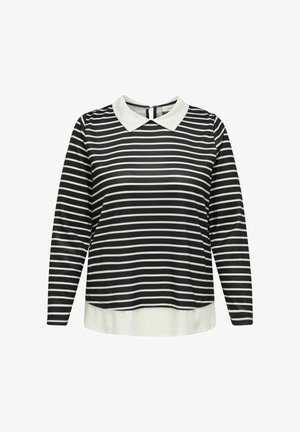 Sort og hvid stribet langærmet top med hvid krave og en lavere hvid kant. Glat stof med vandrette striber.