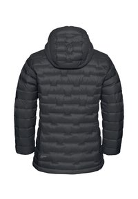 Donkergrijze pufferjack met een afneembare capuchon, gewatteerde textuur en een zichtbaar merklabel aan de zoom. De achterkant toont een gestroomlijnd ontwerp.