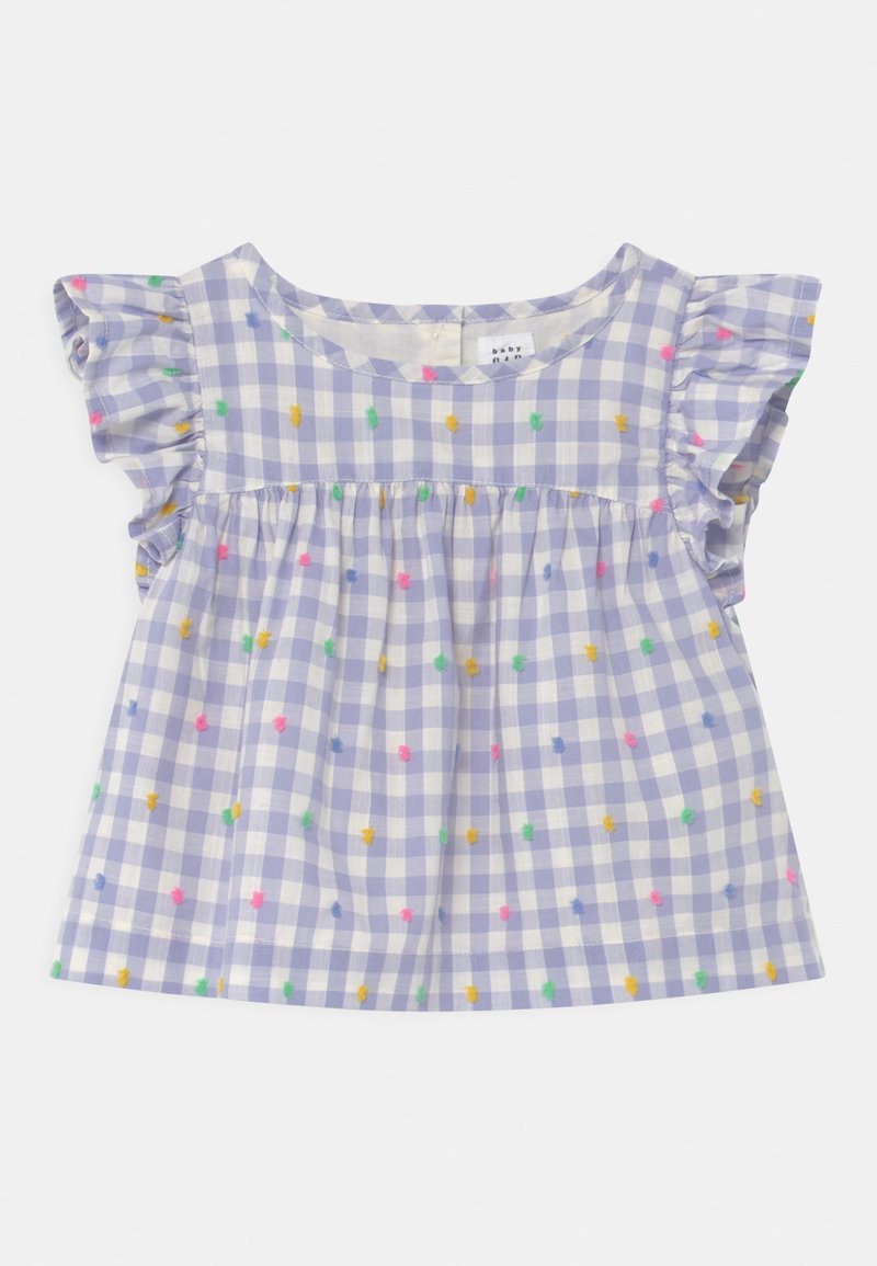 Haut pour bébé en vichy lavande et blanc avec des manches courtes froufroutantes et de petits points colorés brodés éparpillés sur le tissu.