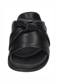 Black leather slide sandal featuring a knotted design across the upper, rounded toe, and a textured synthetic sole for grip.