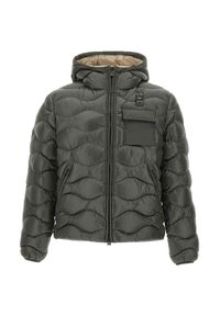 Giacca imbottita con cappuccio di colore verde scuro, con una texture trapuntata, dotata di chiusura con zip e tasca sul petto per maggiore funzionalità.