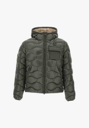 Gewatteerde donsjas met capuchon in donkergroen, met een doorgestikt patroon, voorzien van een ritssluiting en een borstzak voor functionaliteit.