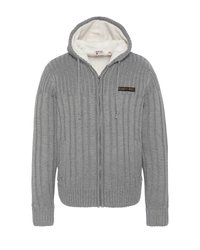 Grijze geribbelde zip-up hoodie met een witte fleece voering, voorzien van een logo patch aan de voorkant. Heeft een capuchon en twee zijzakken.