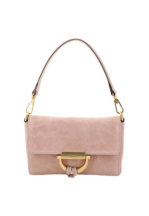 Pink suede handbag with a gold hardware clasp. Features a rounded metal accent and a single shoulder strap. Rectangular shape.