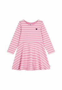 Rosa und weiße gestreifte Langarmkleid mit Rundhalsausschnitt, figurbetonter Taille und ausgestellt Rock. Mit einem kleinen schwarzen Herz auf der Brust bestickt.