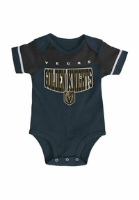 Marineblaue Kurzarmstrampler mit dem Logo der "Vegas Golden Knights", weißen Akzenten an den Ärmeln und Druckknopfverschluss am Boden. Weicher Stoff.