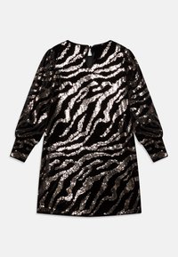 Fekete ruha fémes zebra mintával, flitterekből készült, hosszú ujjal és kulcslyuk részlettel a hátsó részen.