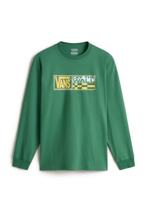 Zelené tričko s dlouhým rukávem vyrobené z bavlny, s žlutou a zelenou grafikou loga "VANS OFF THE WALL" umístěnou na hrudi.
