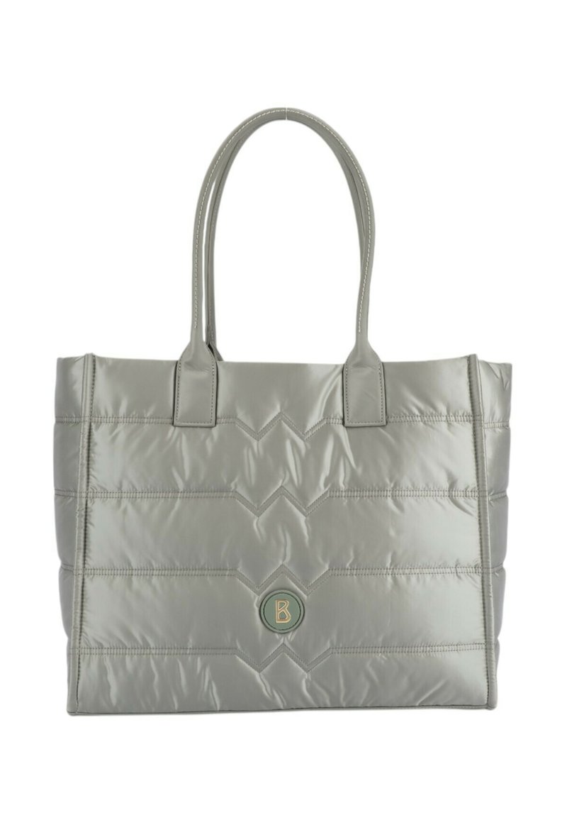 Borsa a tote grigia trapuntata con due manici, caratterizzata da un accento con logo e una finitura lucida. Dettaglio di cucitura a zigzag notevole sulla superficie.